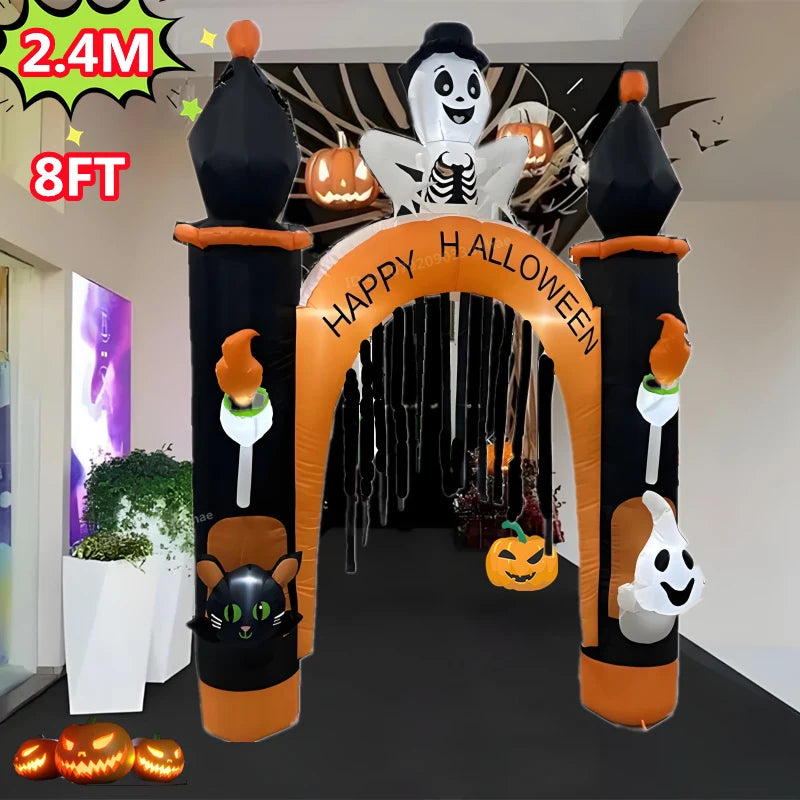 Arco inflable de Halloween/modelo de gato de calabaza con luz LED, gran decoración navideña para exteriores, adorno festivo para patio