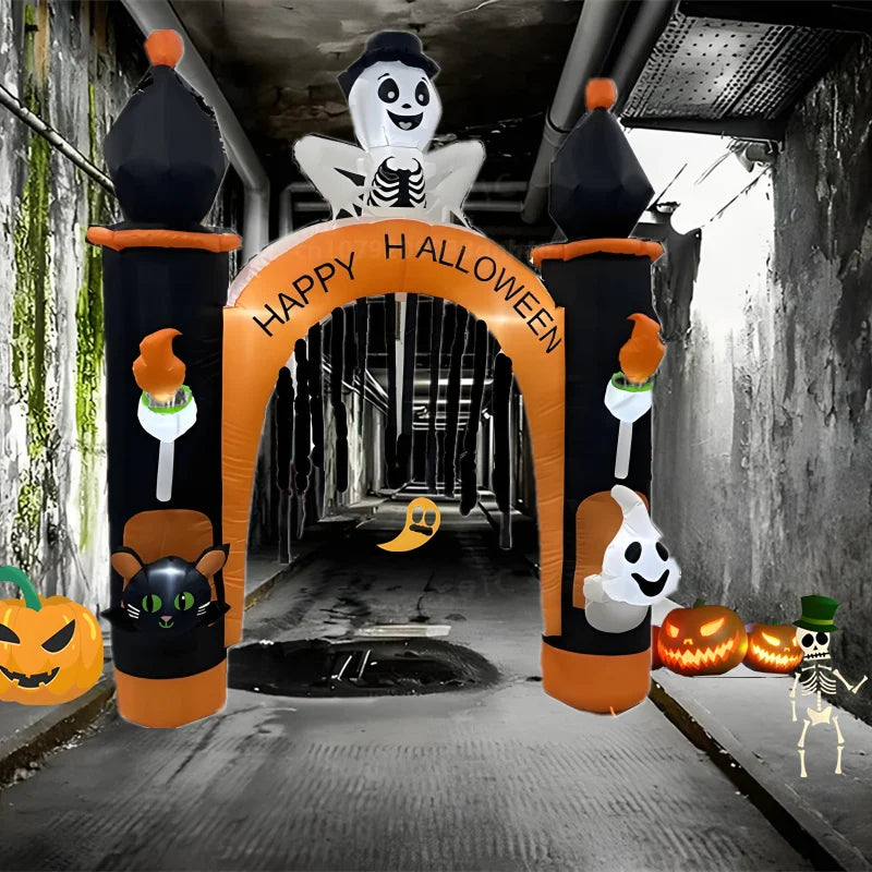 Arco inflable de Halloween/modelo de gato de calabaza con luz LED, gran decoración navideña para exteriores, adorno festivo para patio